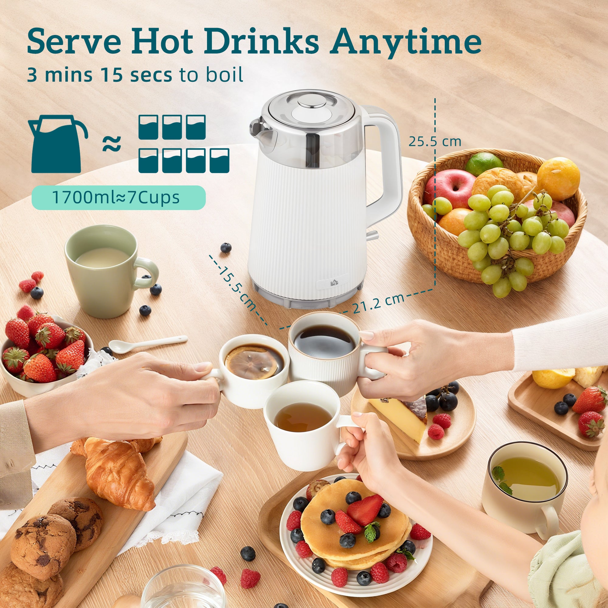 Electric Stainless Steel Kettle And Toaster Set, 3000W 1.7L UK Strix Thermostat Fast Boil Kettle W/ Limescale Filter, Cool Touch Body, 4 Slice Toaster With 7 Browning Levels, Crumb Tray, White