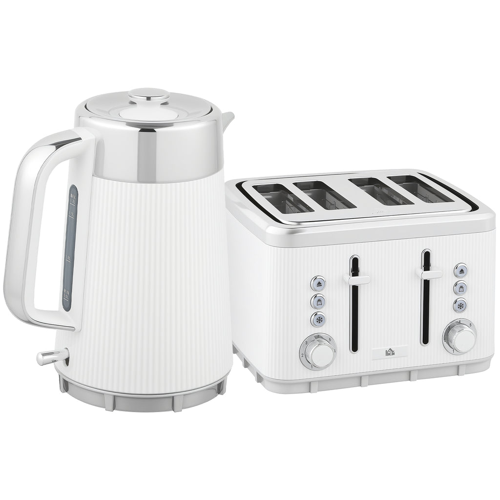 Electric Stainless Steel Kettle And Toaster Set, 3000W 1.7L UK Strix Thermostat Fast Boil Kettle W/ Limescale Filter, Cool Touch Body, 4 Slice Toaster With 7 Browning Levels, Crumb Tray, White