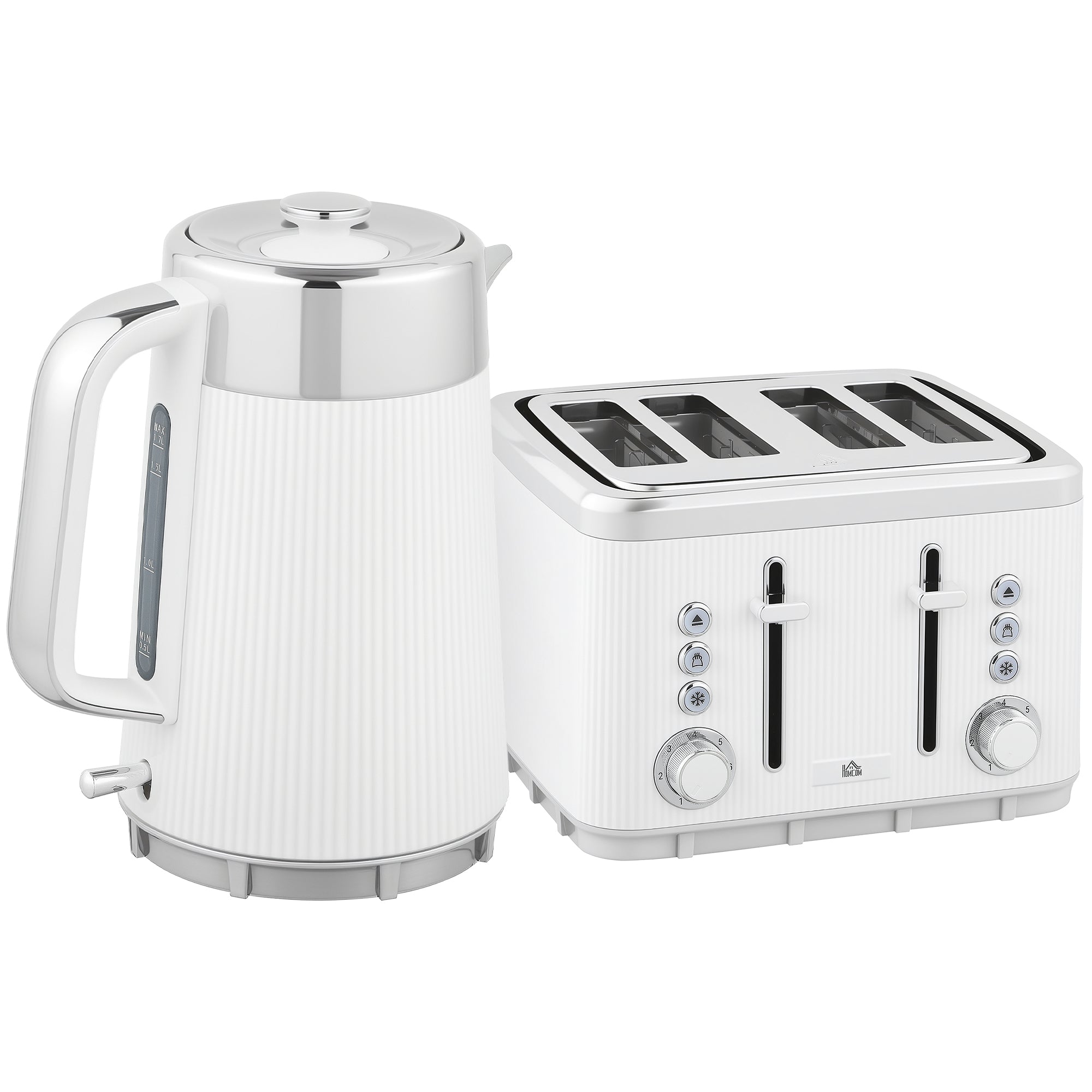 Electric Stainless Steel Kettle And Toaster Set, 3000W 1.7L UK Strix Thermostat Fast Boil Kettle W/ Limescale Filter, Cool Touch Body, 4 Slice Toaster With 7 Browning Levels, Crumb Tray, White