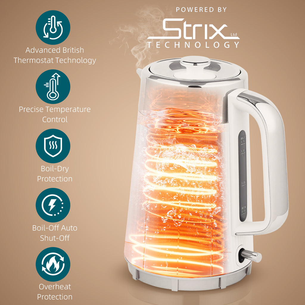 Electric Stainless Steel Kettle And Toaster Set, 3000W 1.7L UK Strix Thermostat Fast Boil Kettle W/ Limescale Filter, Cool Touch Body, 4 Slice Toaster With 7 Browning Levels, Crumb Tray, White