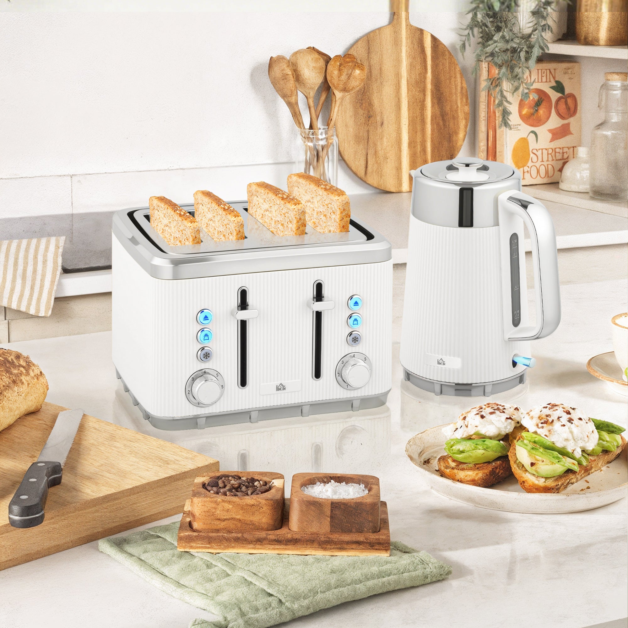 Electric Stainless Steel Kettle And Toaster Set, 3000W 1.7L UK Strix Thermostat Fast Boil Kettle W/ Limescale Filter, Cool Touch Body, 4 Slice Toaster With 7 Browning Levels, Crumb Tray, White